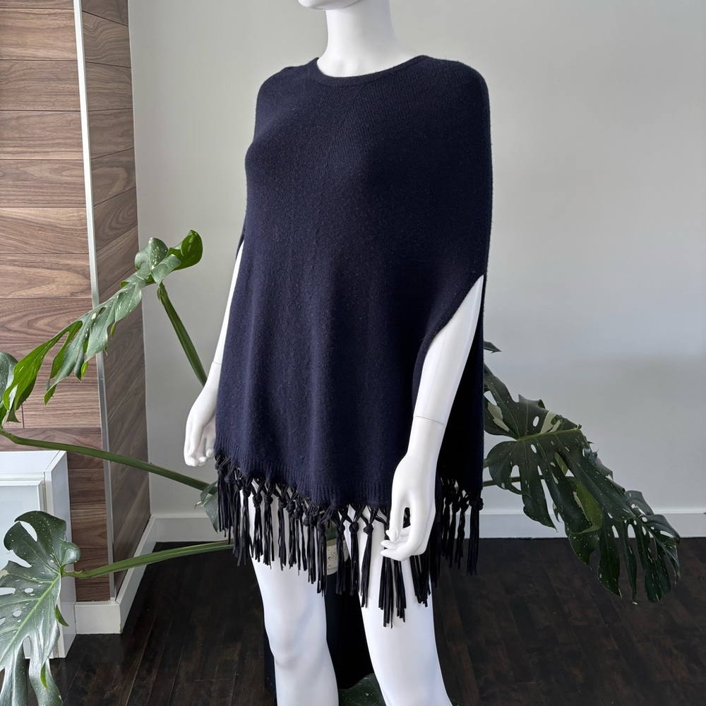 Pinotti Cashmere / Wool Leather Fringed Poncho Navy Blue O/S NWT♥️